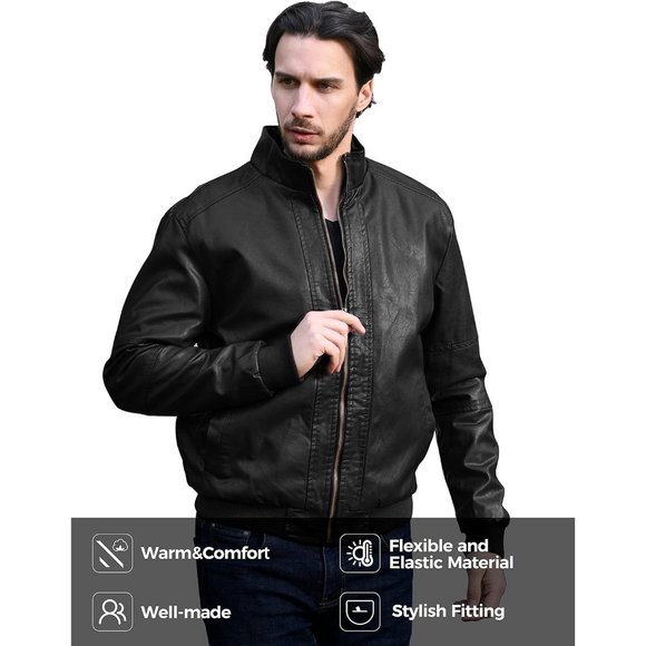 Men's Black Leather Stand Collar Fleece Lined Bomber Faux Jacket - Picture 3 of 8